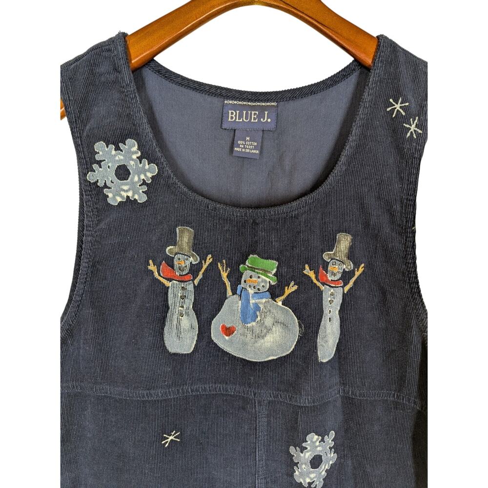 Vintage Navy Blue Corduroy Jumper Size Medium Painted Snowmen Snowflakes Blue J - Picture 2 of 10